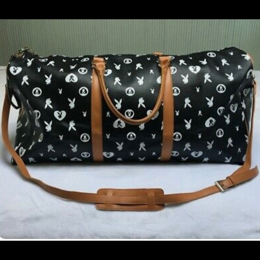 PLAYBOY Vintage Large Duffle Bag, Black & White with Tan Accents